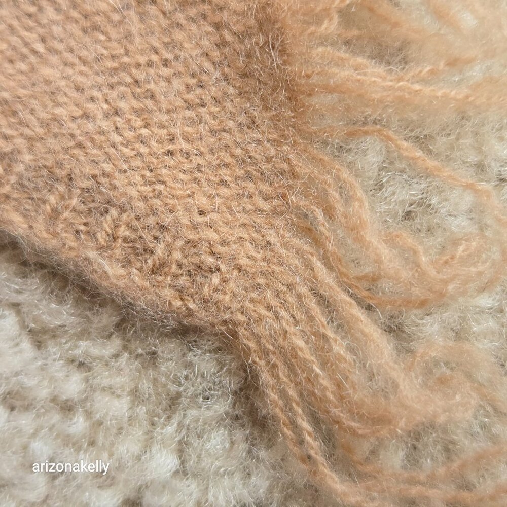 NWOT Tan Cashmere Knit Oblong Scarf with Fringe and Asymmetrical Ends - Picture 6 of 15